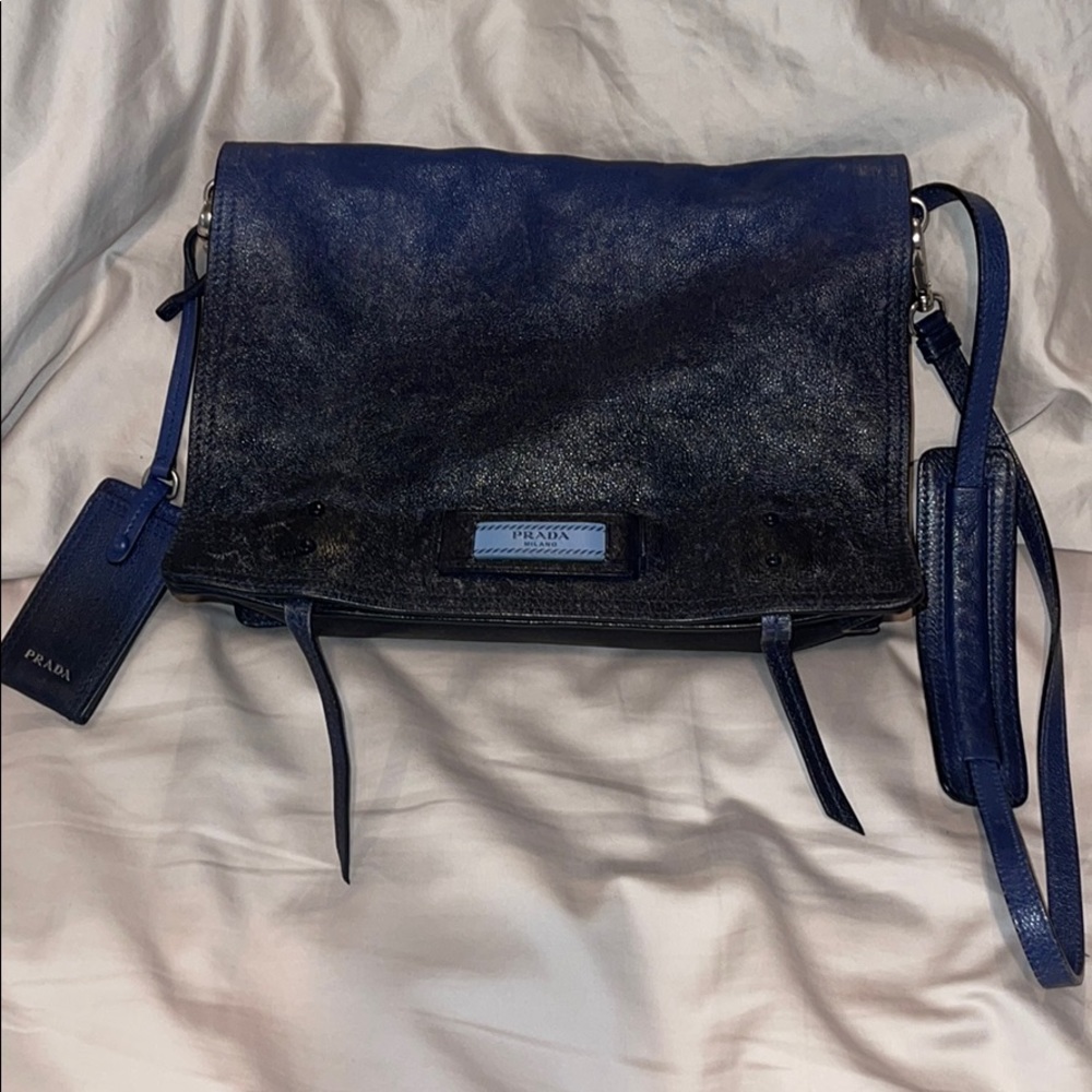 Authentic Prada Navy Leather Flap Glacé Calf Bag